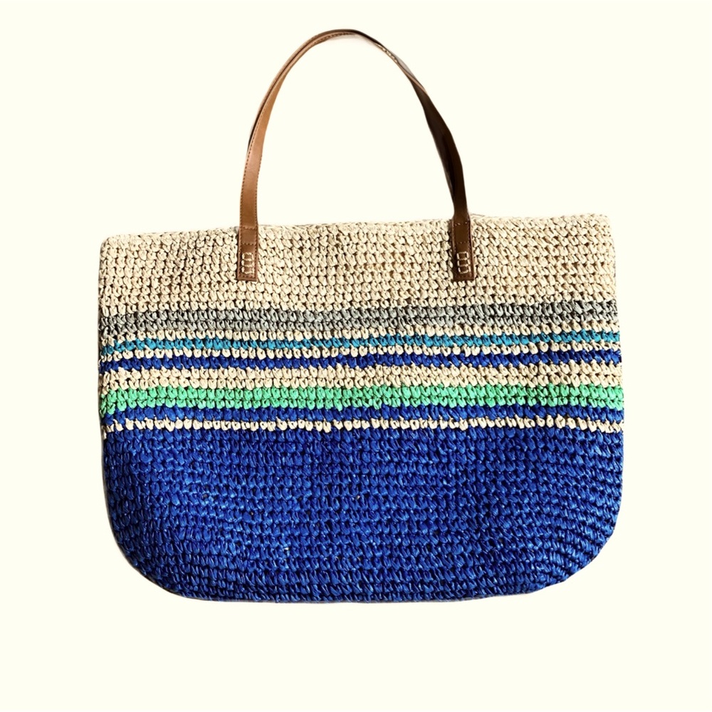 Style & Co. Straw Woven Beach Bag/Tote, Multi-Color Stripe, Beige/Blue